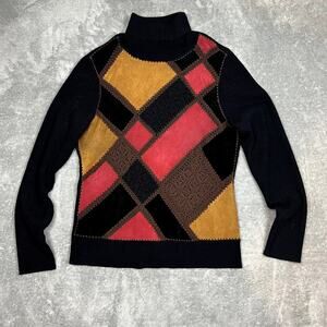 Vintage Colette Mordo Sweater Womens M Suede Patchwork Wool Retro Handmade